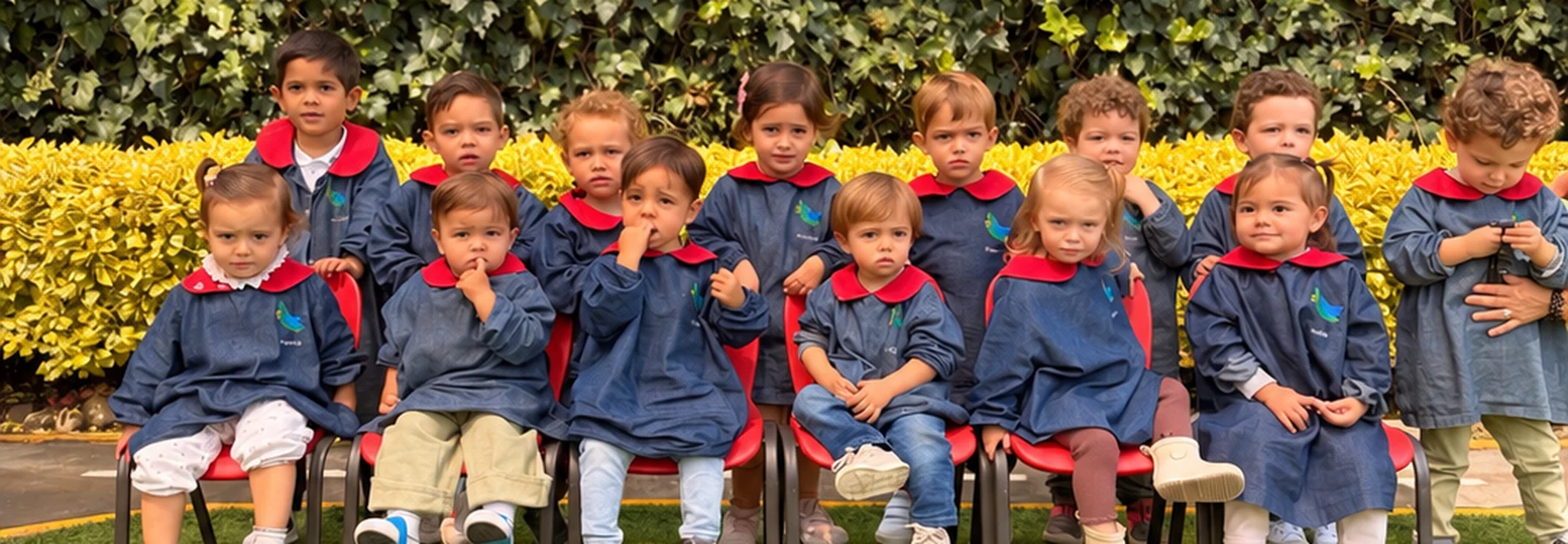Grupo de peques de Piruli con su uniforme, sentados en sillitas en el jardín