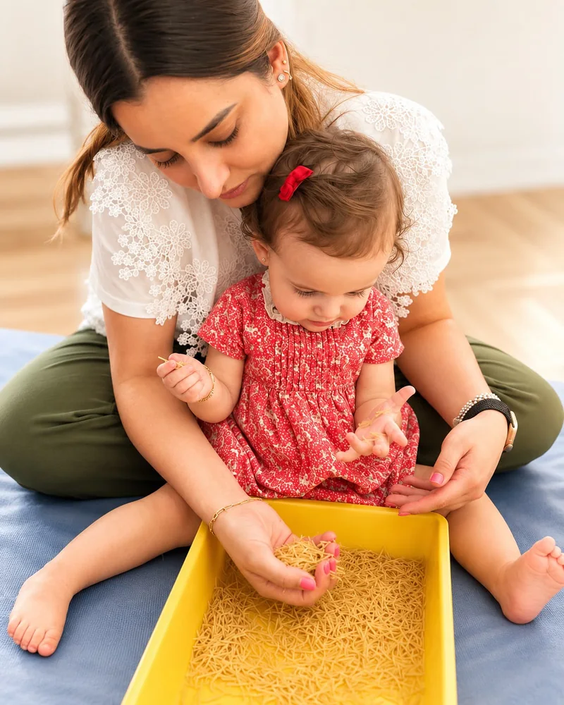 Mamá sentada en el tapete con su bebé, que juega con fideos en una charola amarilla